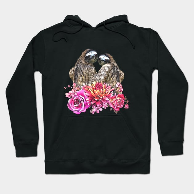 Sloths in love, lovers couple cute, romantic pink flowers Hoodie by Collagedream